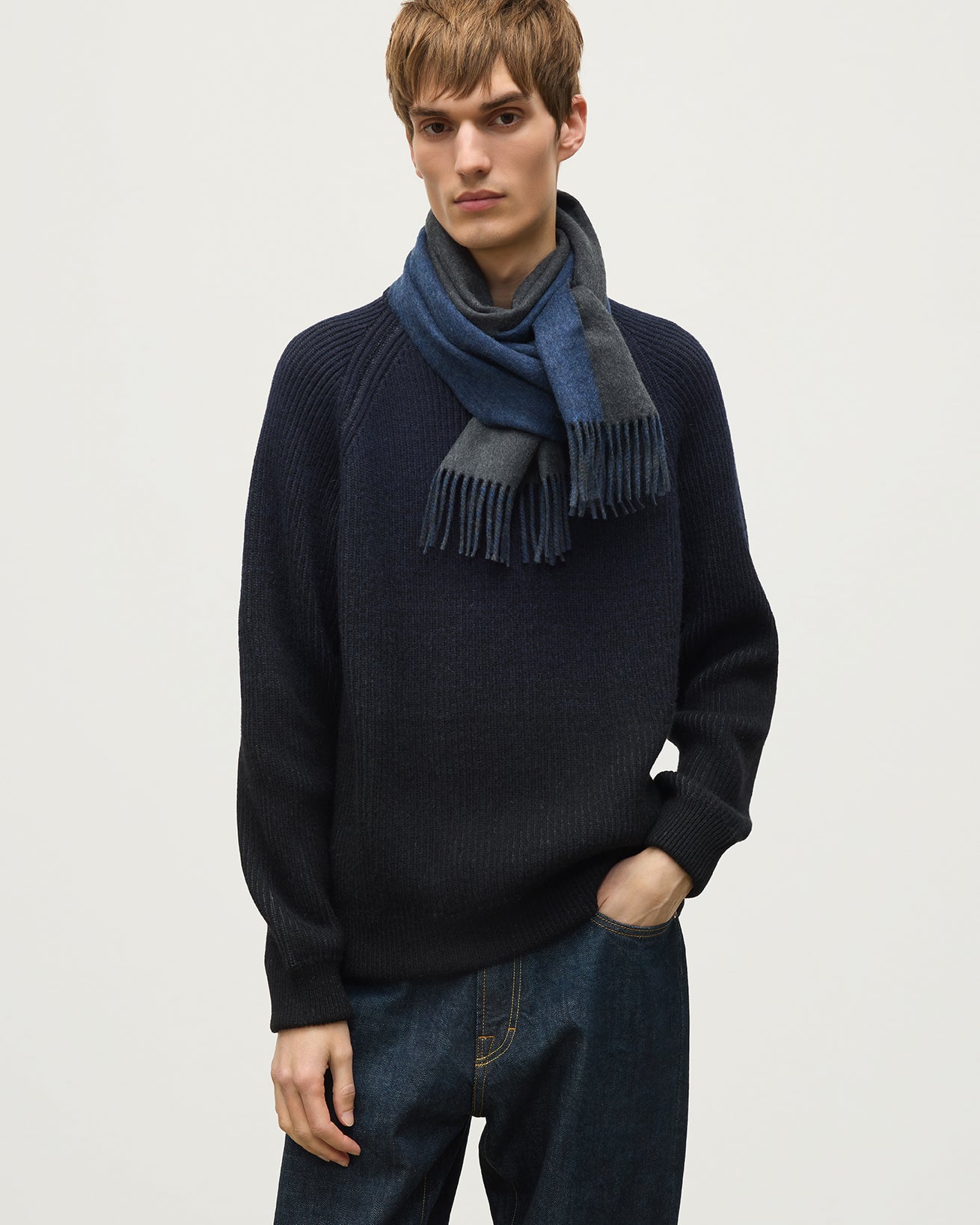 Johnstons of Elgin - Contrast Charcoal & Blue Cashmere Scarf