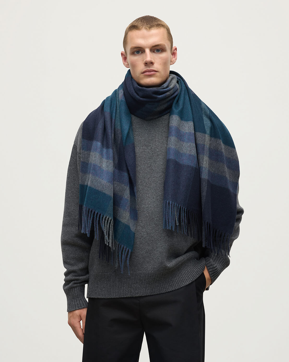 Johnstons of Elgin - Modern Check Blue Cashmere Stole