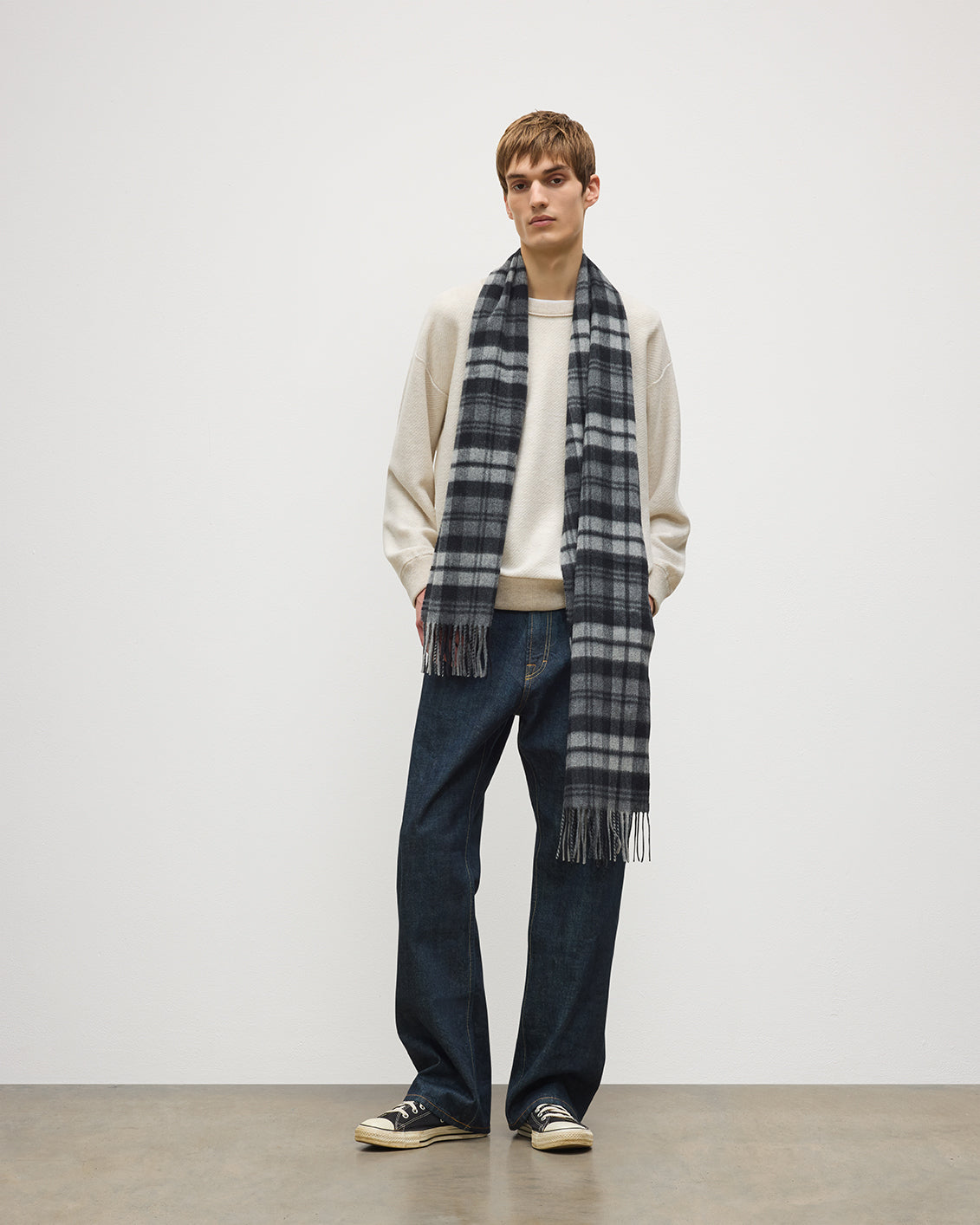Johnstons of Elgin - Wide Grey Dress Stewart Tartan Cashmere Scarf