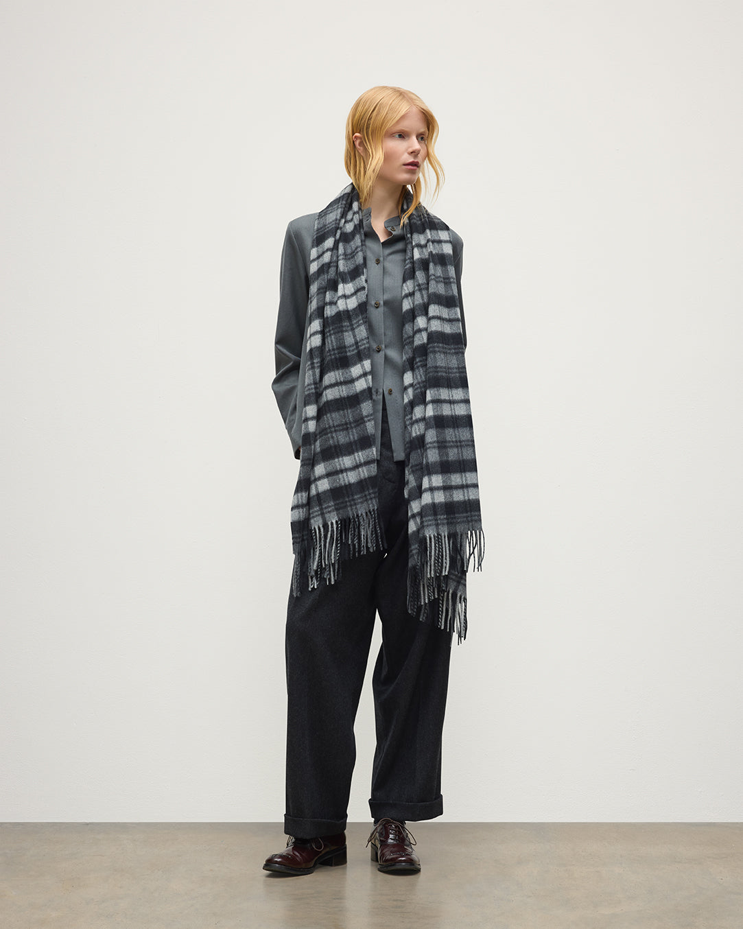 Johnstons of Elgin - Wide Grey Dress Stewart Tartan Cashmere Scarf
