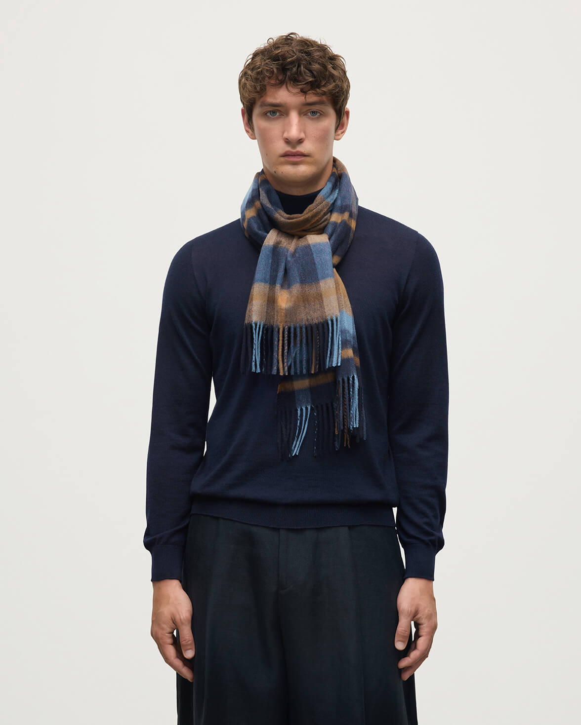 Johnstons of Elgin - Deco Block Check Navy Cashmere Scarf