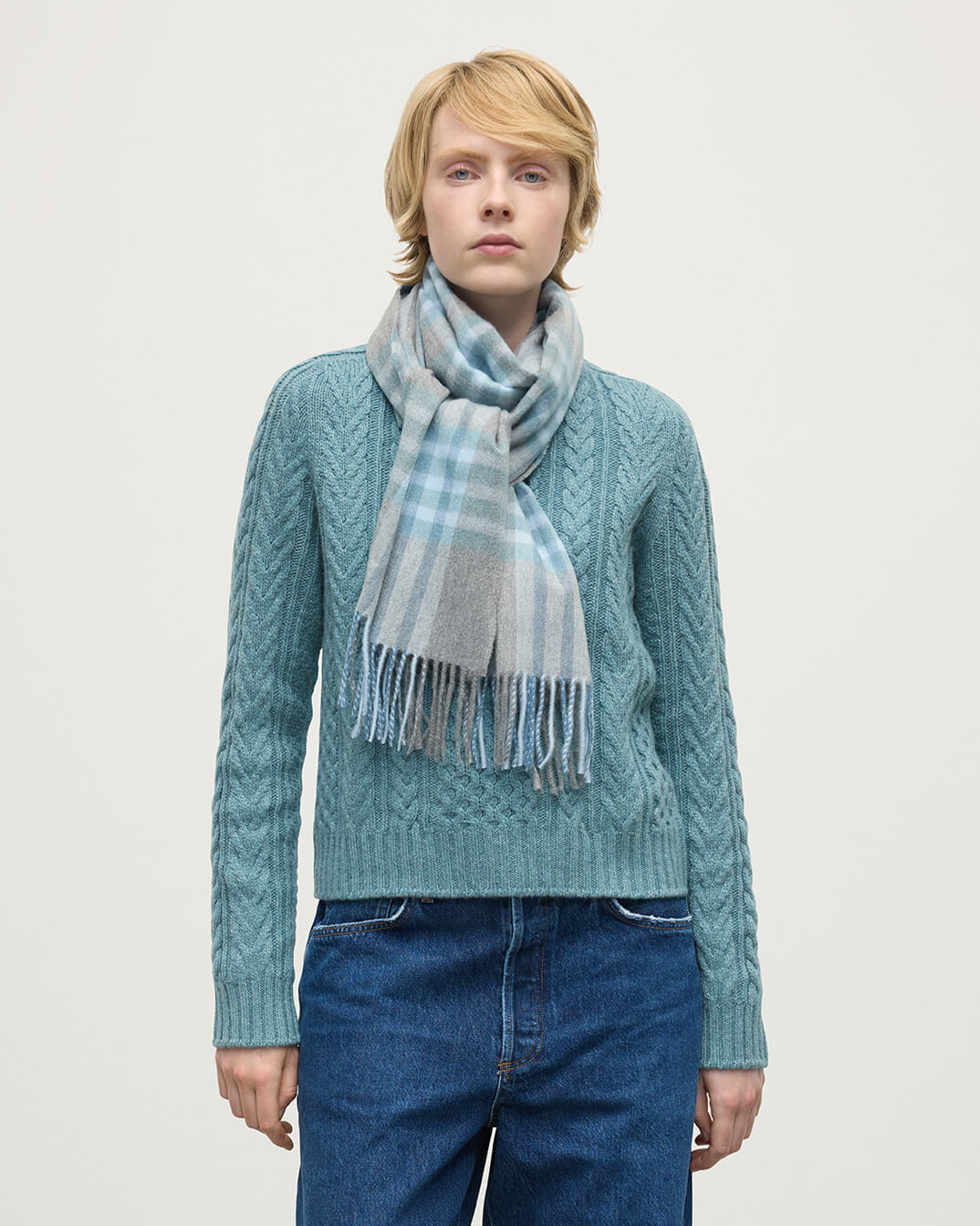 Johnstons of Elgin - Grid Check Blue Cashmere Scarf
