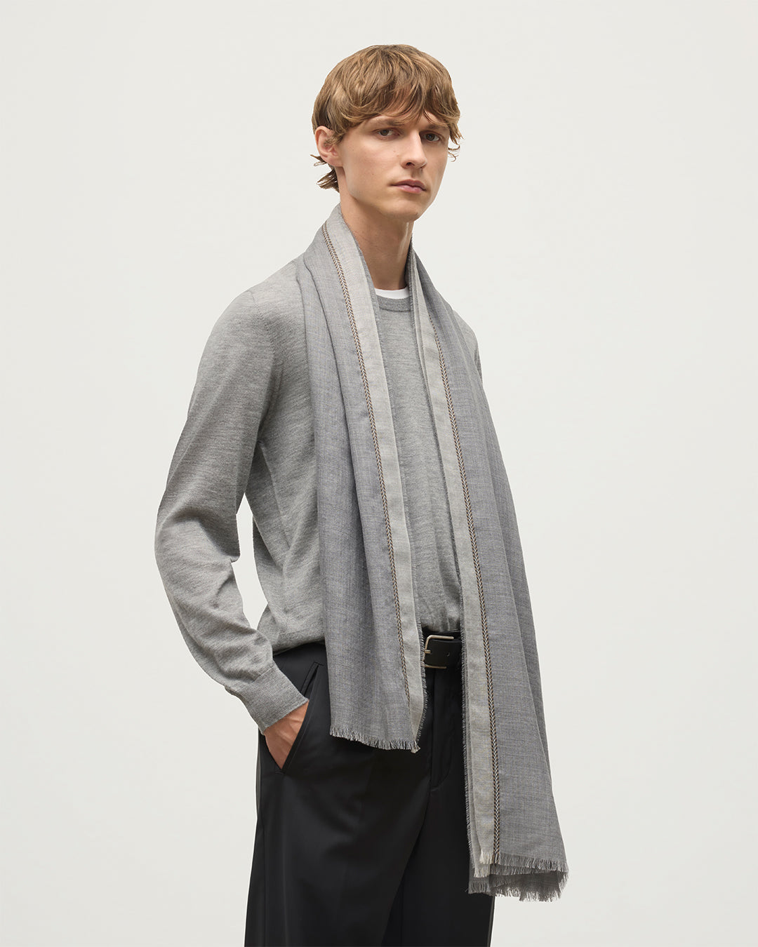 Johnstons of Elgin - Ives Grey Chevron Border Cashmere Scarf