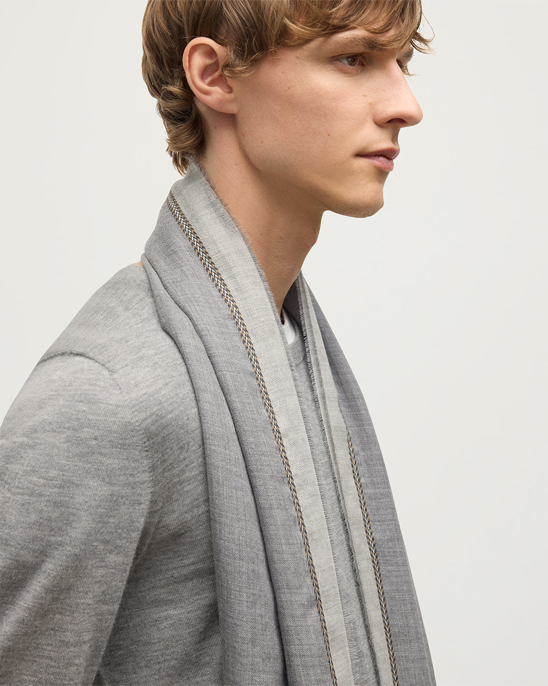 Johnstons of Elgin - Ives Grey Chevron Border Cashmere Scarf