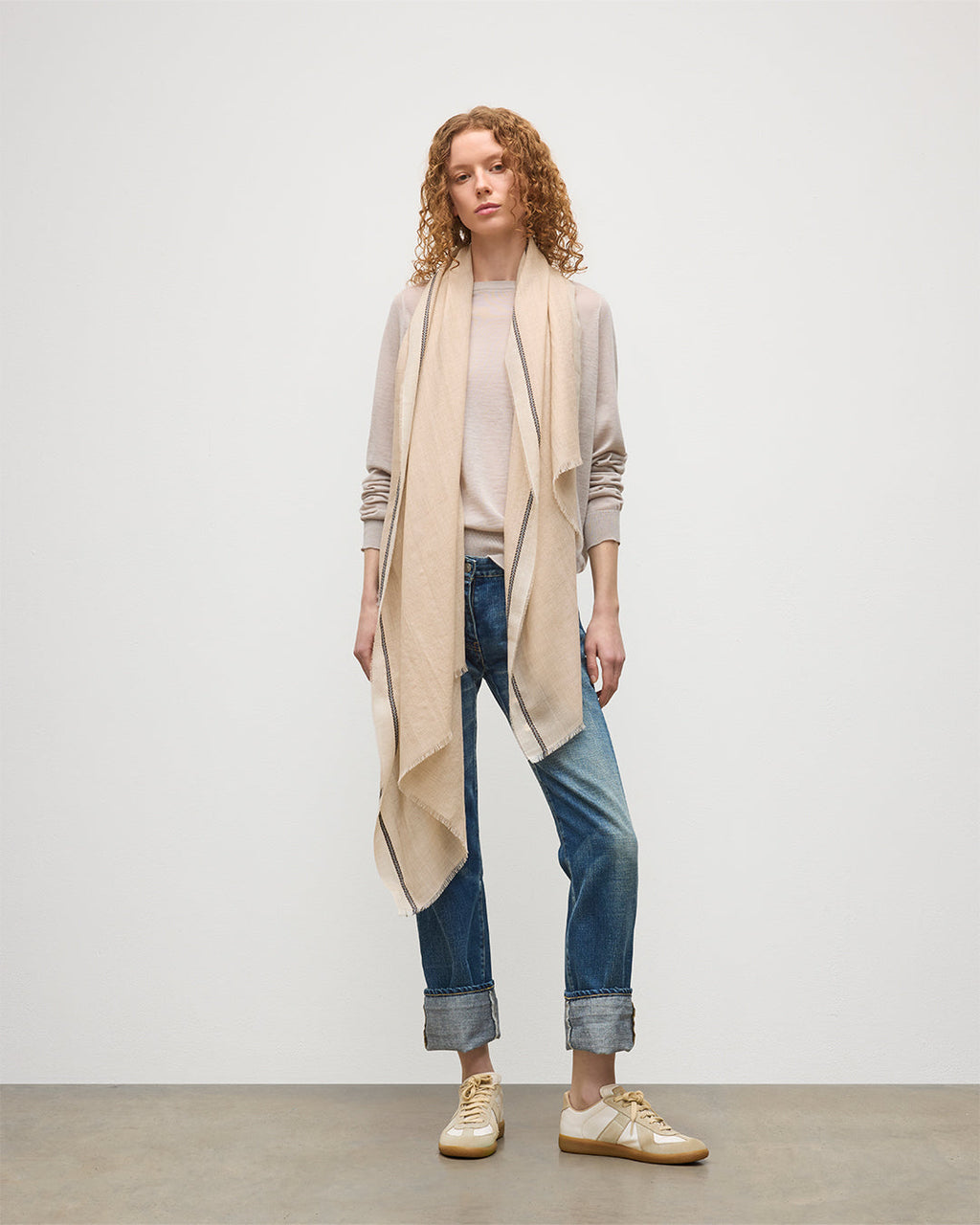 Johnstons of Elgin - Ives Natural Chevron Border Cashmere Scarf