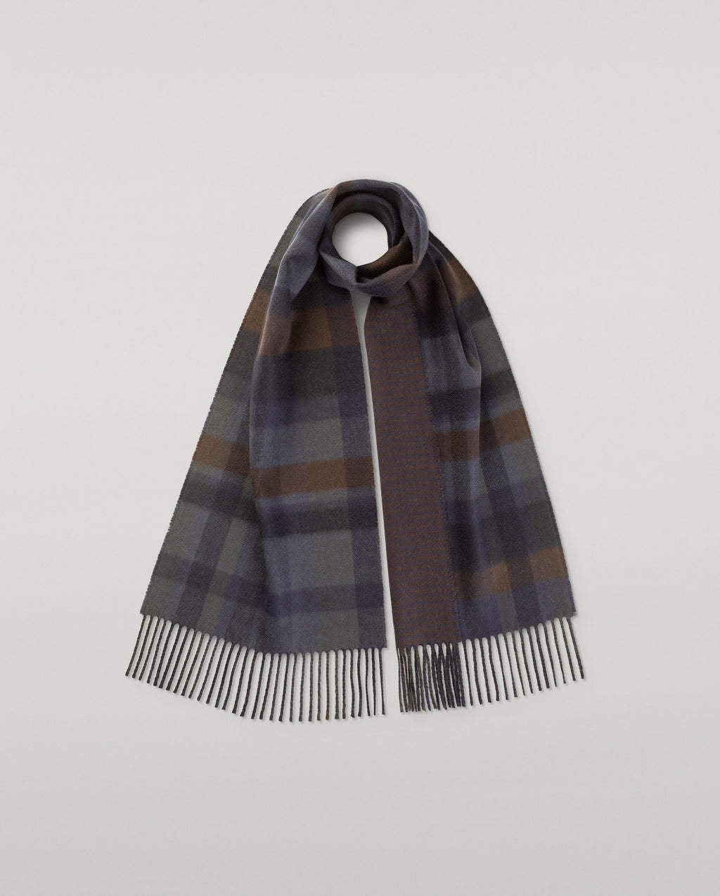 Johnstons of Elgin - Contrast Navy & Brown Check Cashmere Scarf