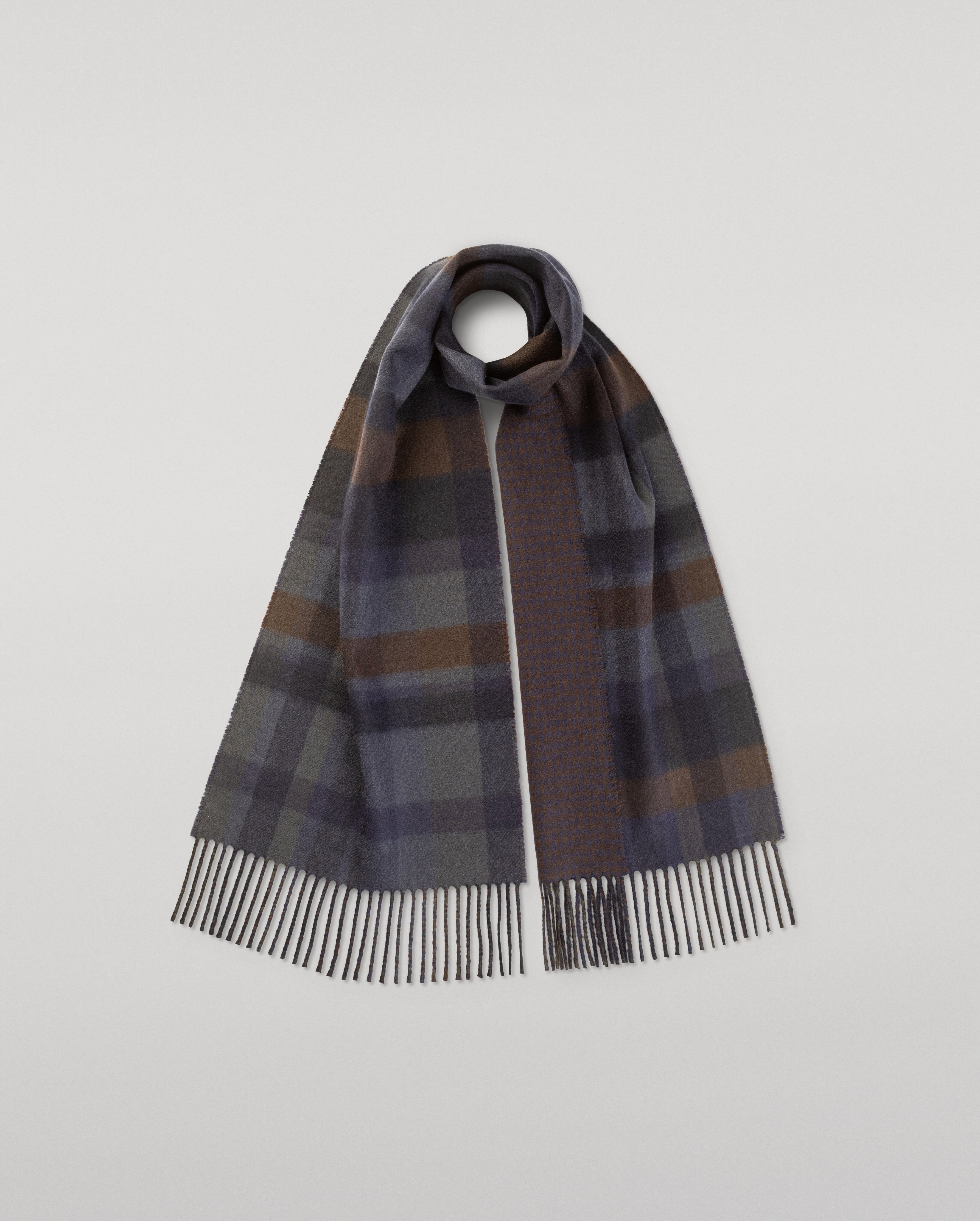 Johnstons of Elgin - Contrast Navy & Brown Check Cashmere Scarf