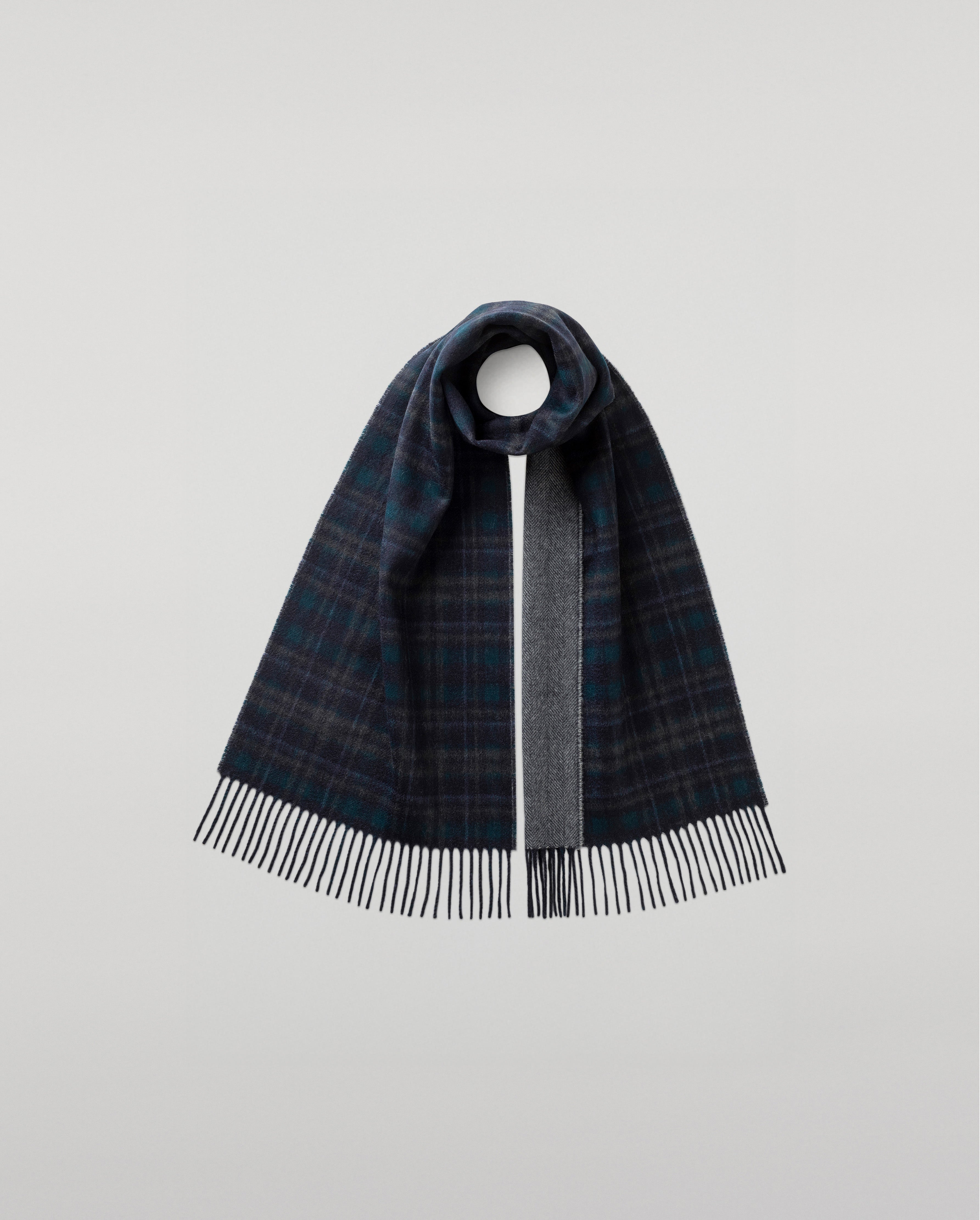 Johnstons of Elgin - Reversible Navy Tartan Cashmere Scarf