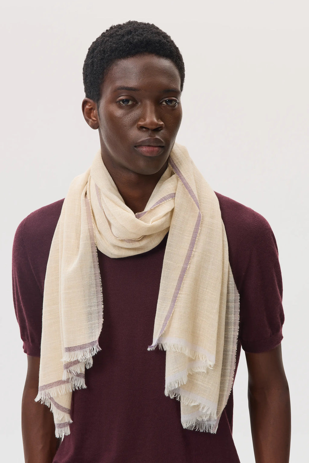 Johnstons of Elgin - Colour Border Natural Lightweight Scarf