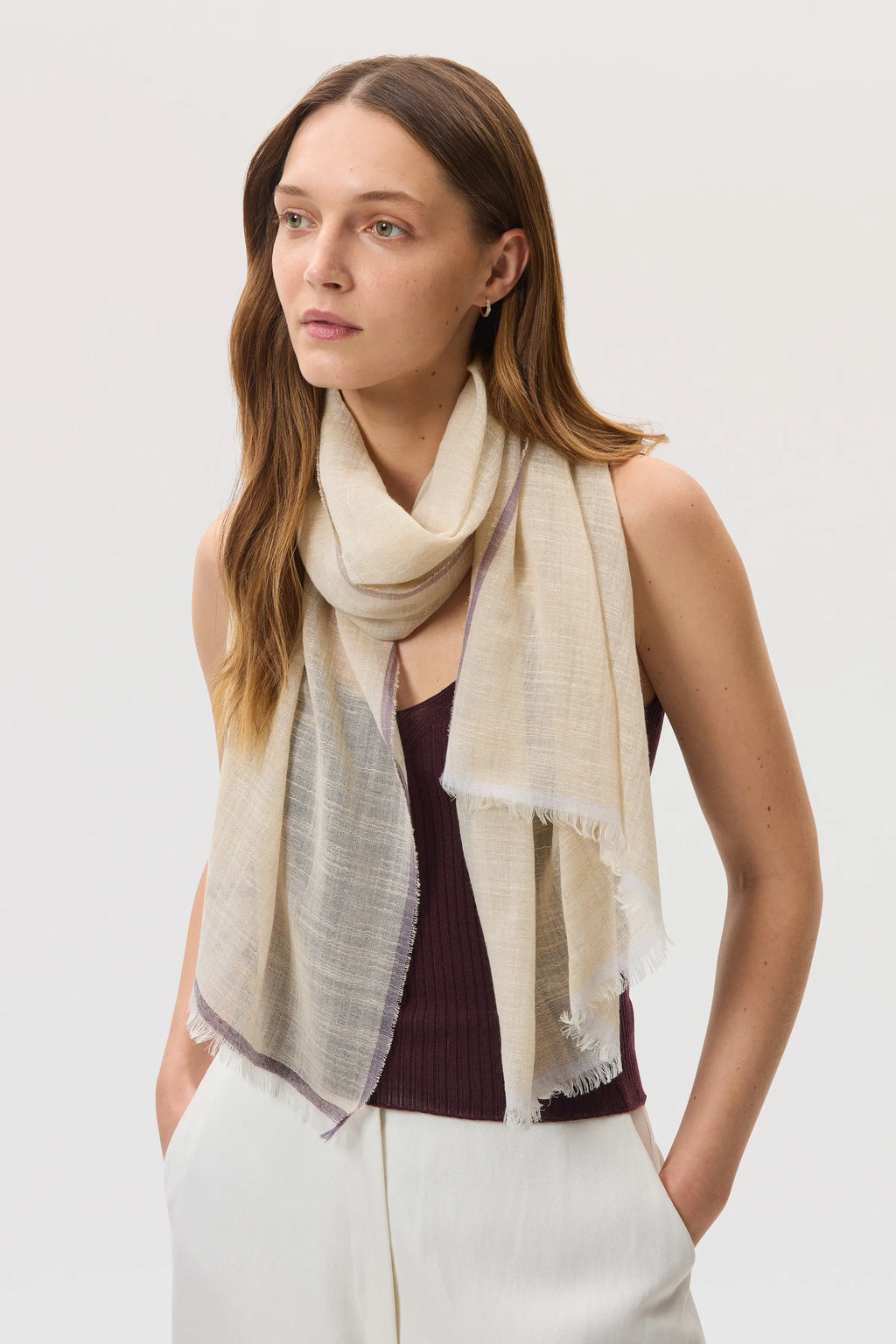 Johnstons of Elgin - Colour Border Natural Lightweight Scarf