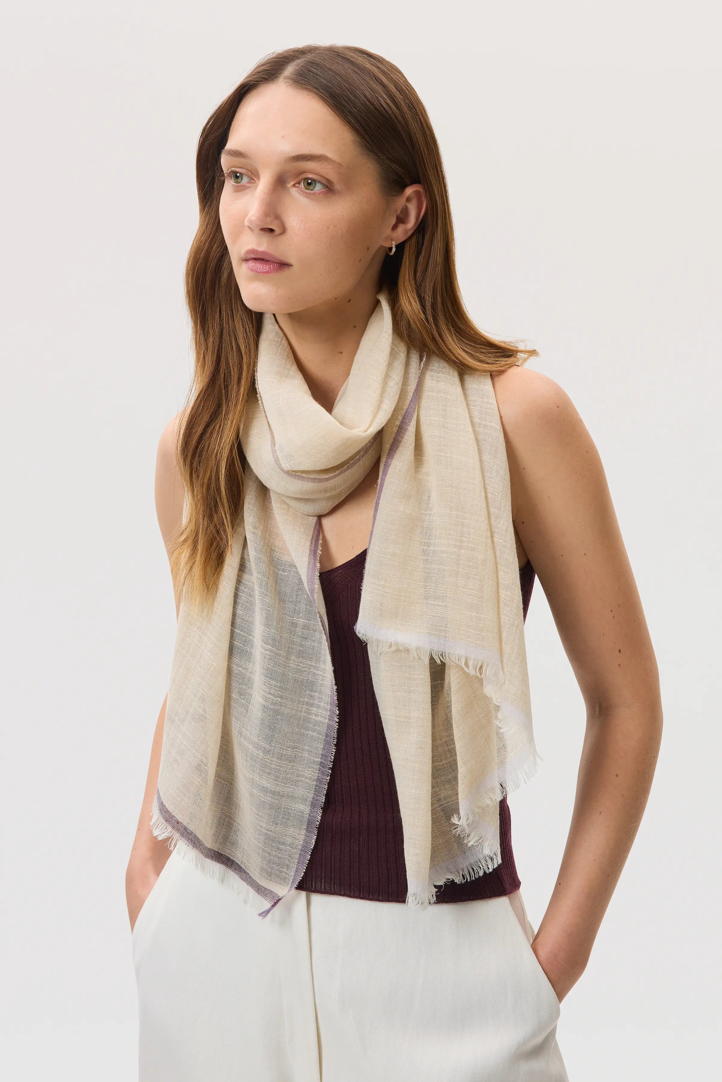 Johnstons of Elgin - Colour Border Natural Lightweight Scarf