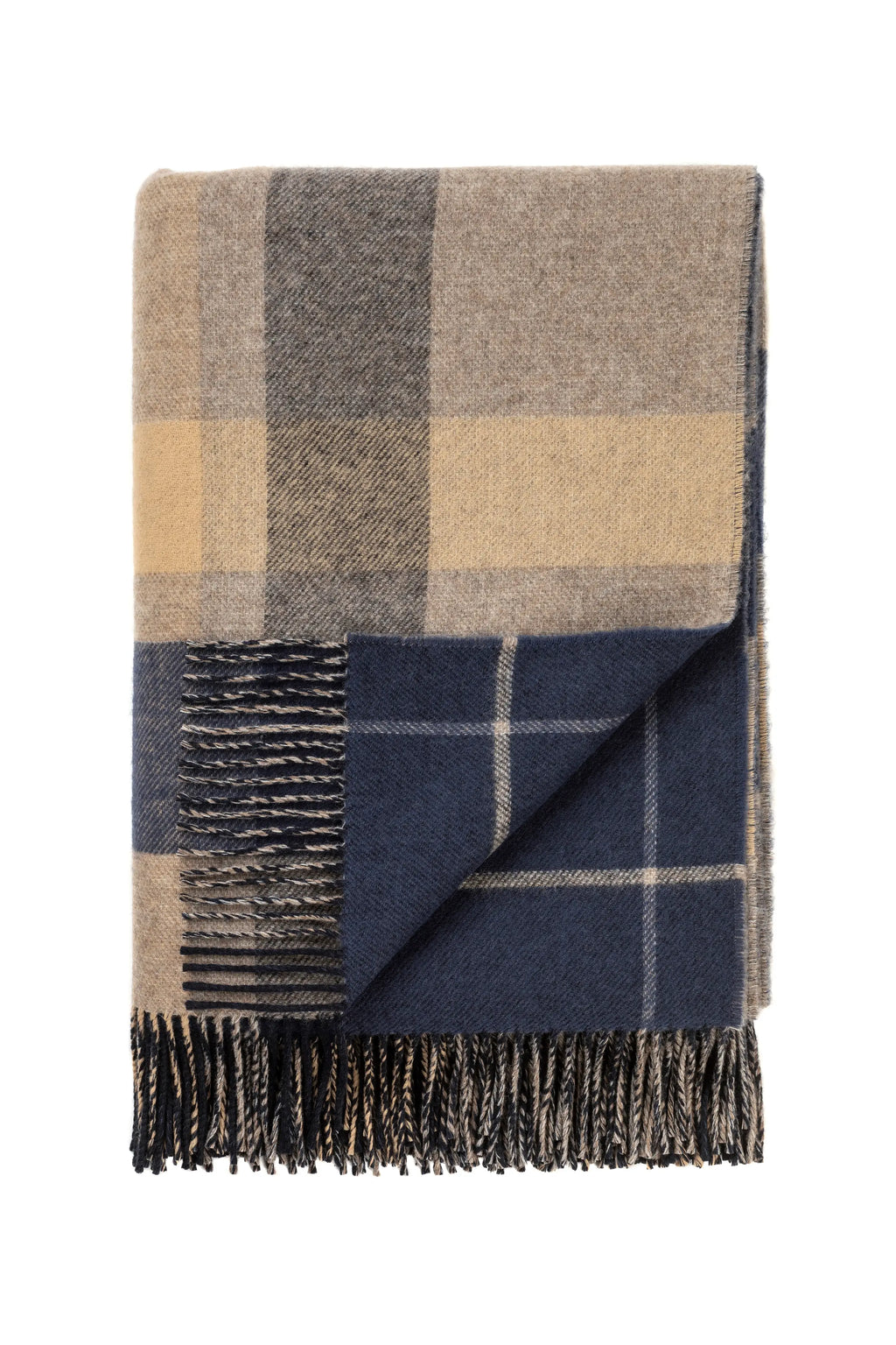 Johnstons of Elgin - Double Face Lambswool Throw in Brown & navy Overcheck
