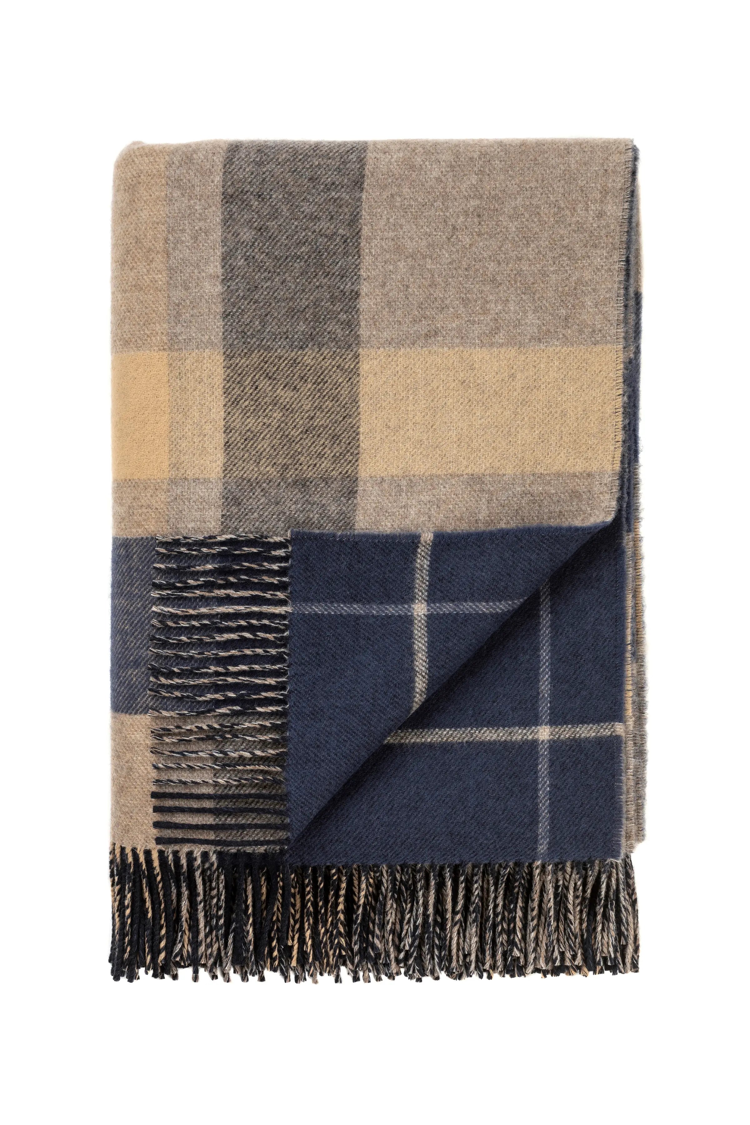 Johnstons of Elgin - Double Face Lambswool Throw in Brown & navy Overcheck