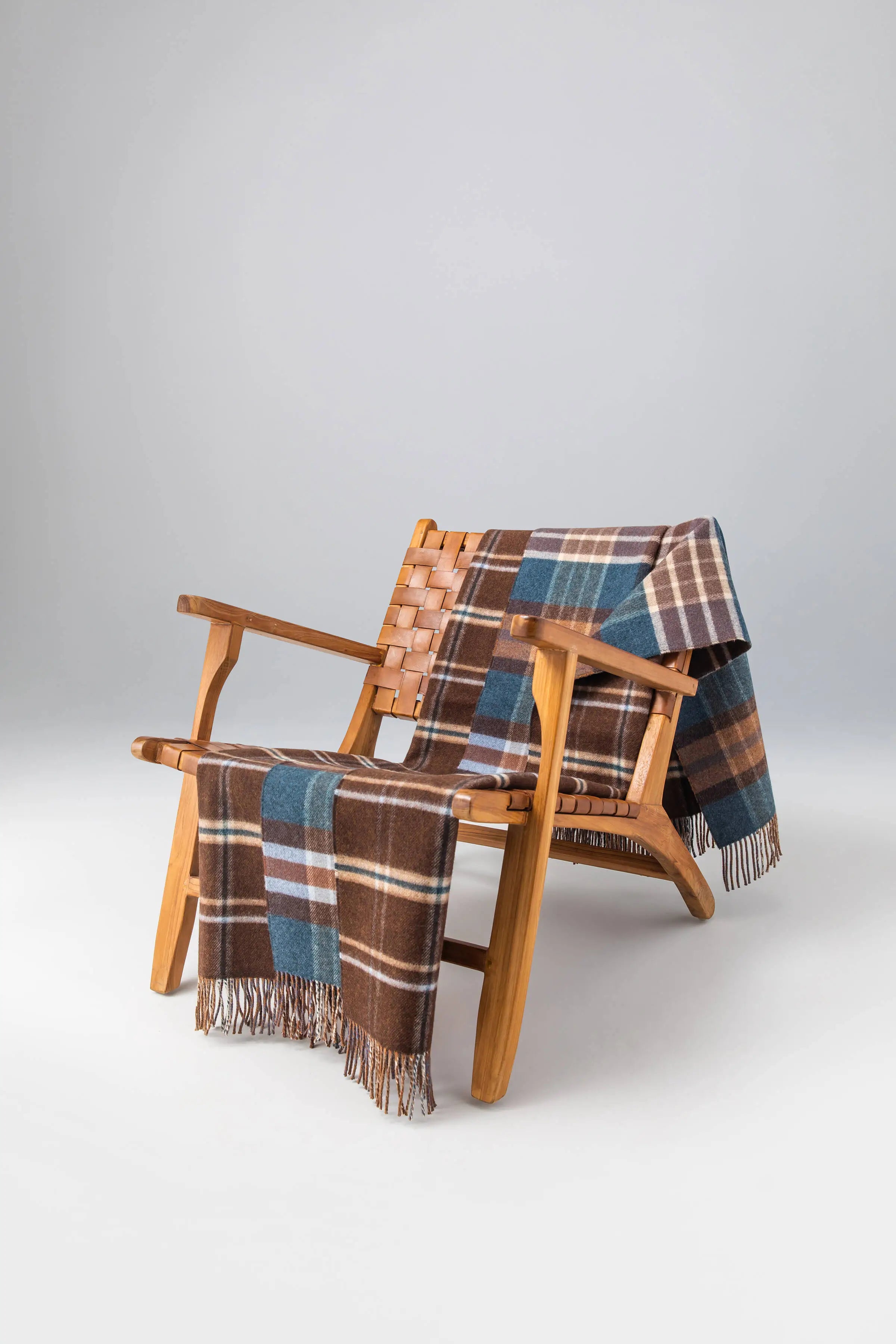 Johnstons of Elgin - Double Face Lambswool Throw in Heather Blue & Brown Check
