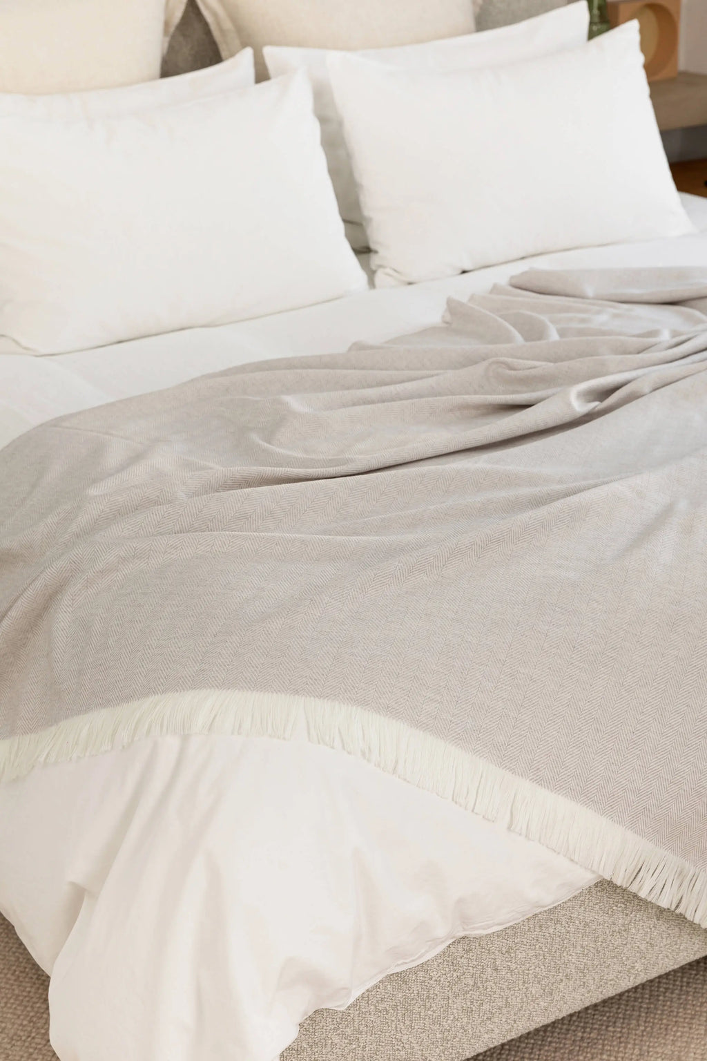 Johnstons of Elgin - Herringbone Merino Bed Throw in Silver Birch