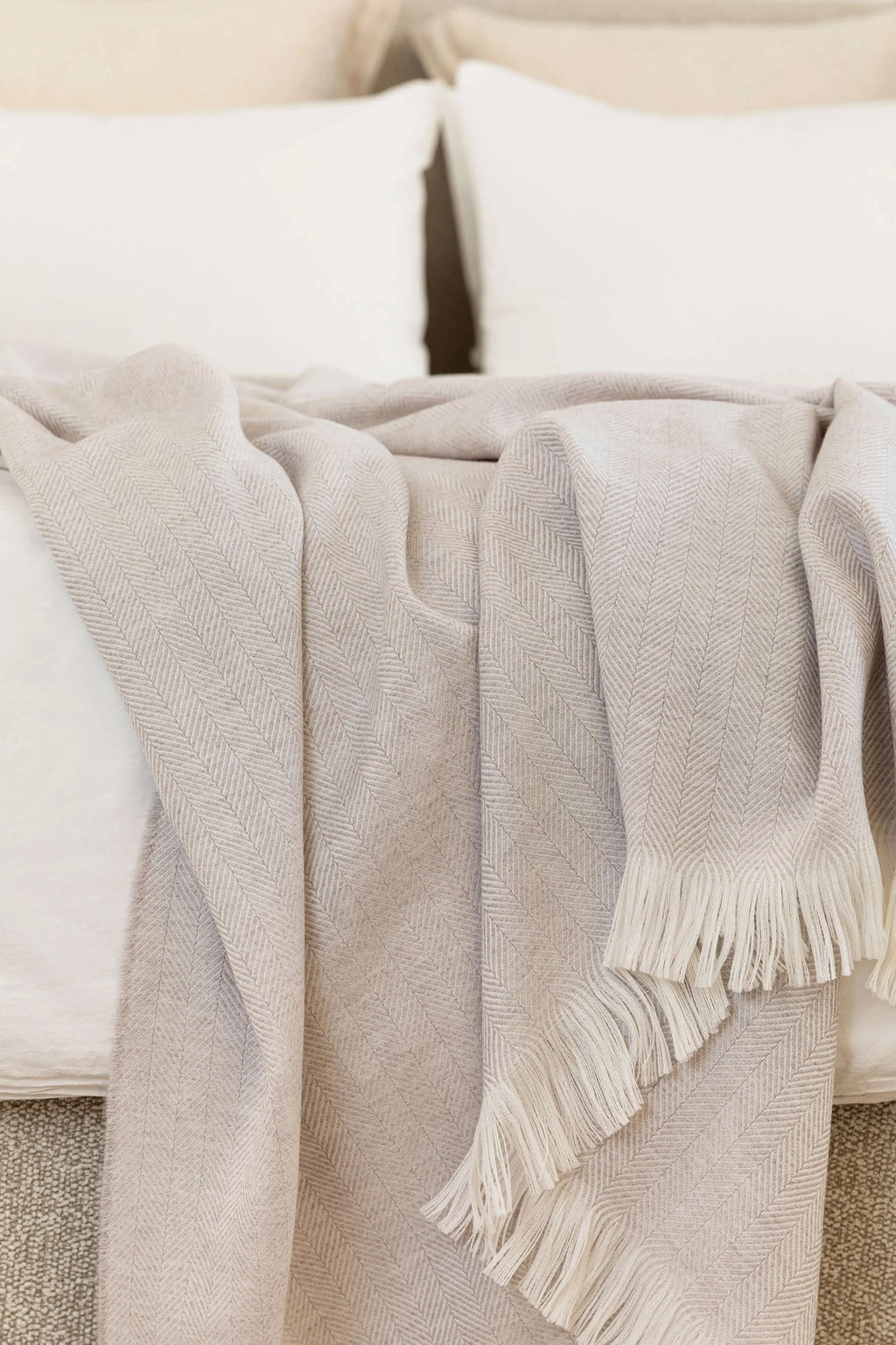 Johnstons of Elgin - Herringbone Merino Bed Throw in Silver Birch