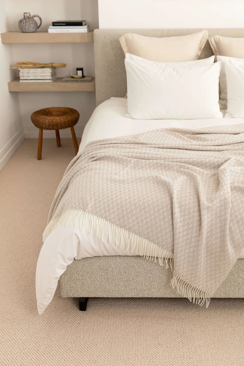 Johnstons of Elgin - Trellis Weave Merino Bed Throw in Light Taupe