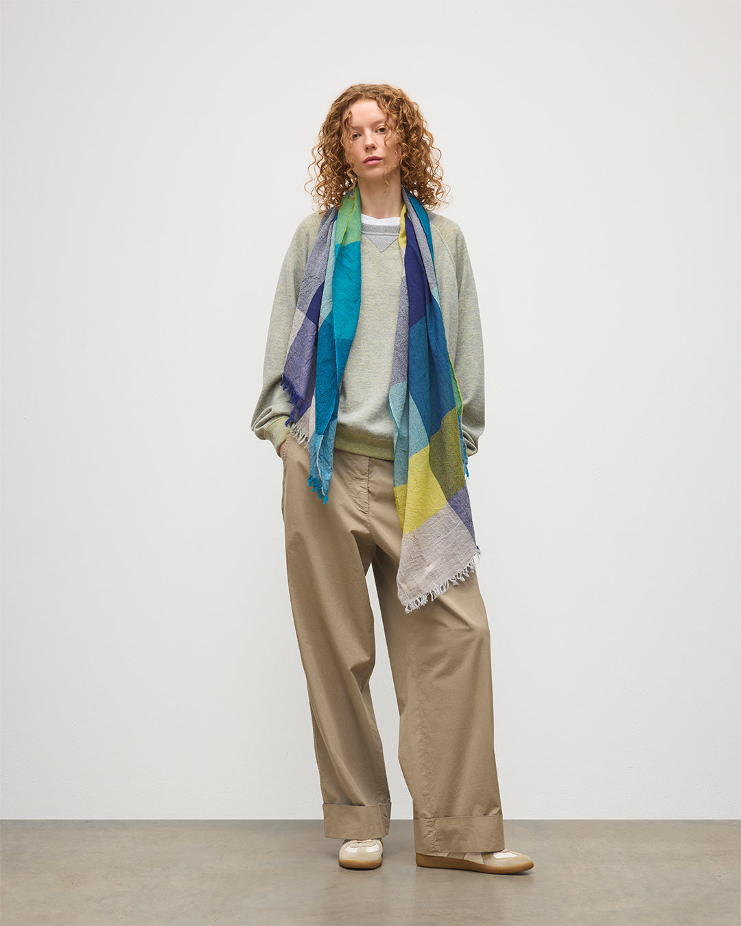 Johnstons of Elgin - Ethie Navy & Lime Green Wool Scarf