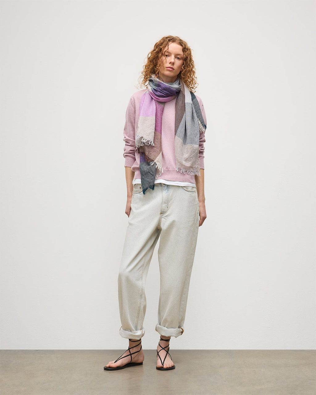 Johnstons of Elgin - Ethie Natural & Pink Wool Scarf