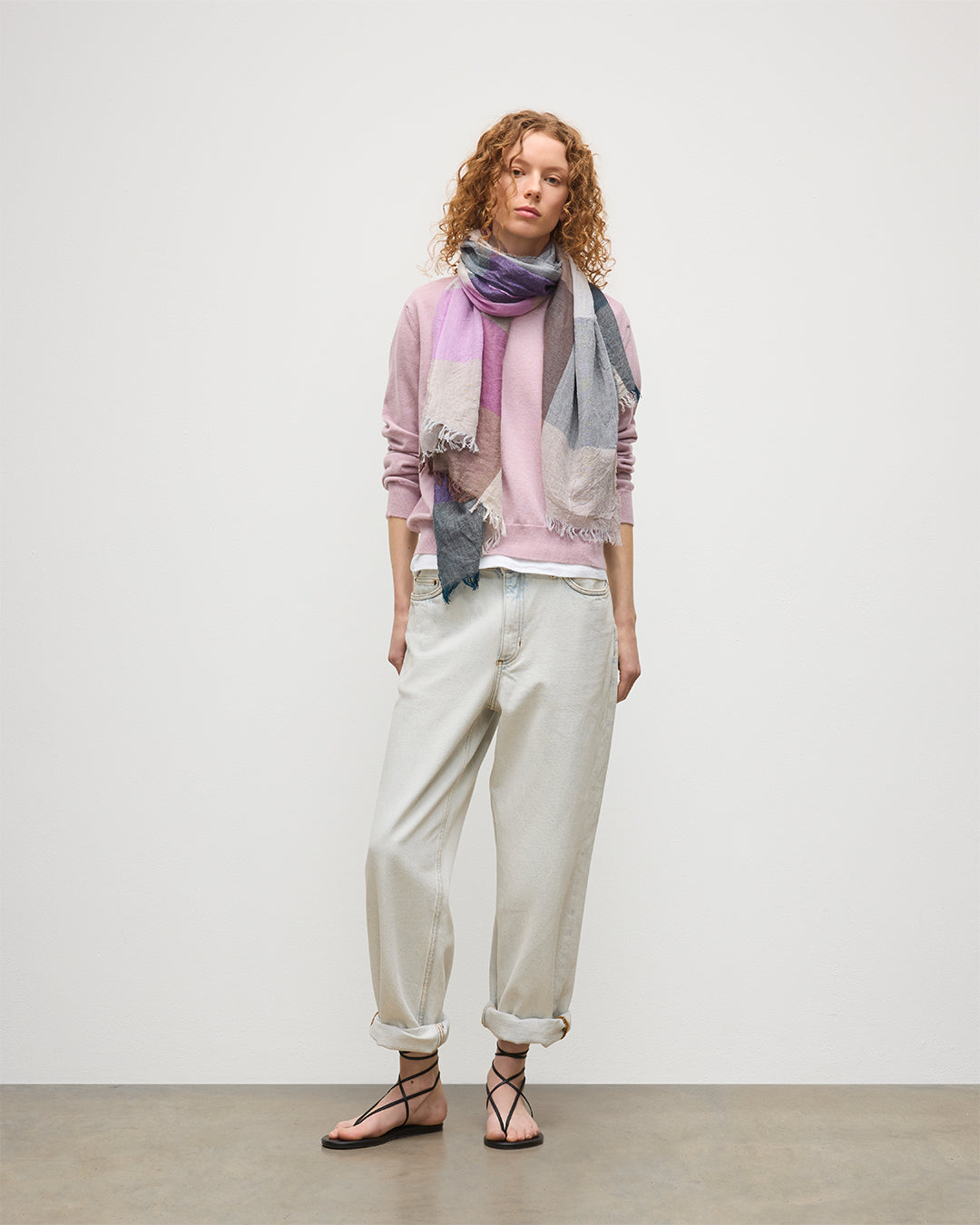 Johnstons of Elgin - Ethie Natural & Pink Wool Scarf
