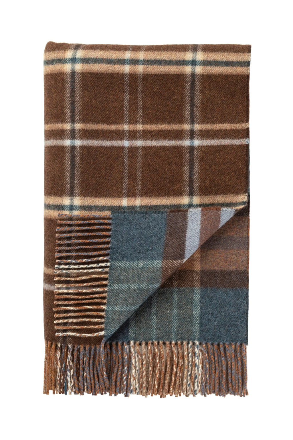 Johnstons of Elgin - Double Face Lambswool Throw in Heather Blue & Brown Check
