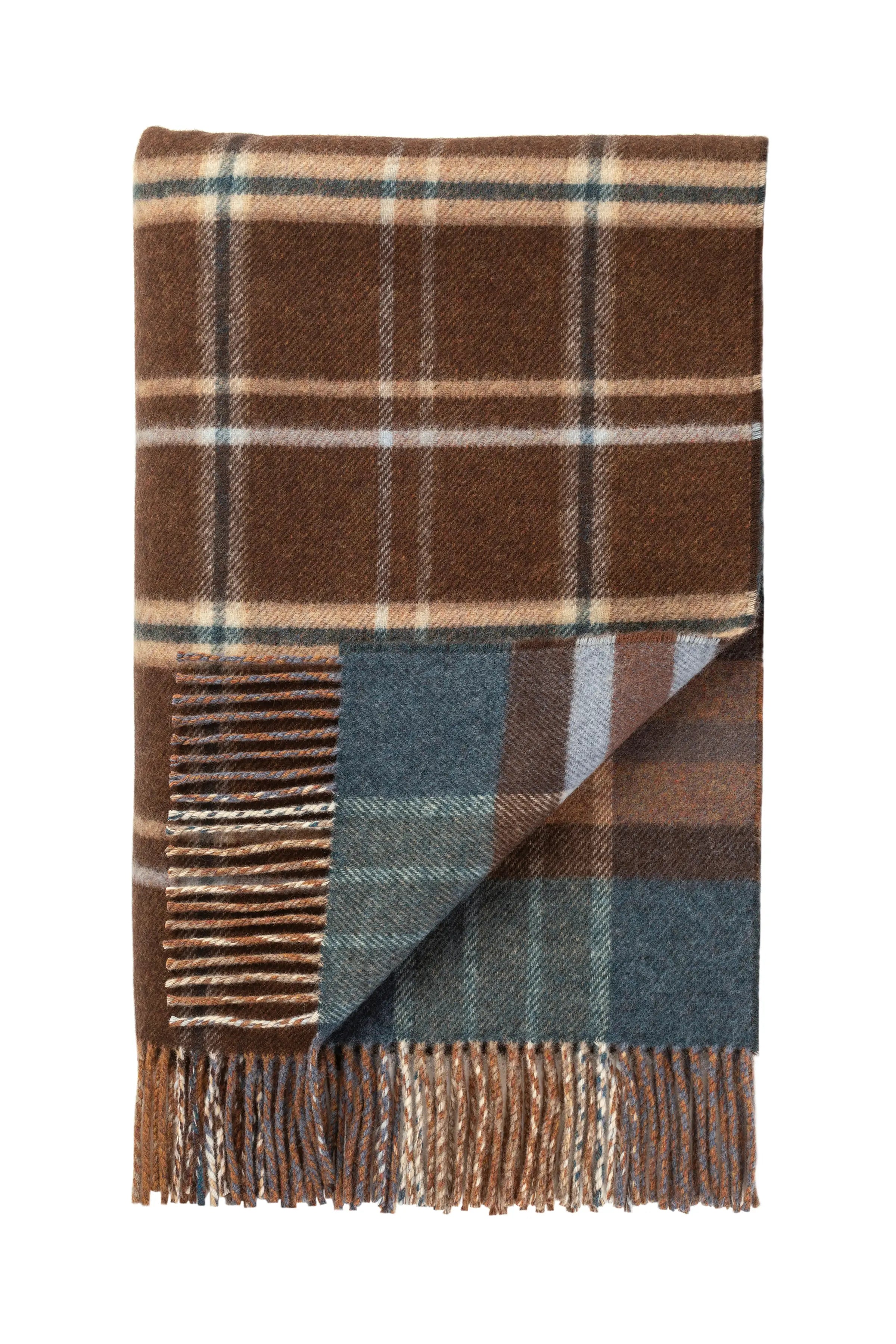 Johnstons of Elgin - Double Face Lambswool Throw in Heather Blue & Brown Check