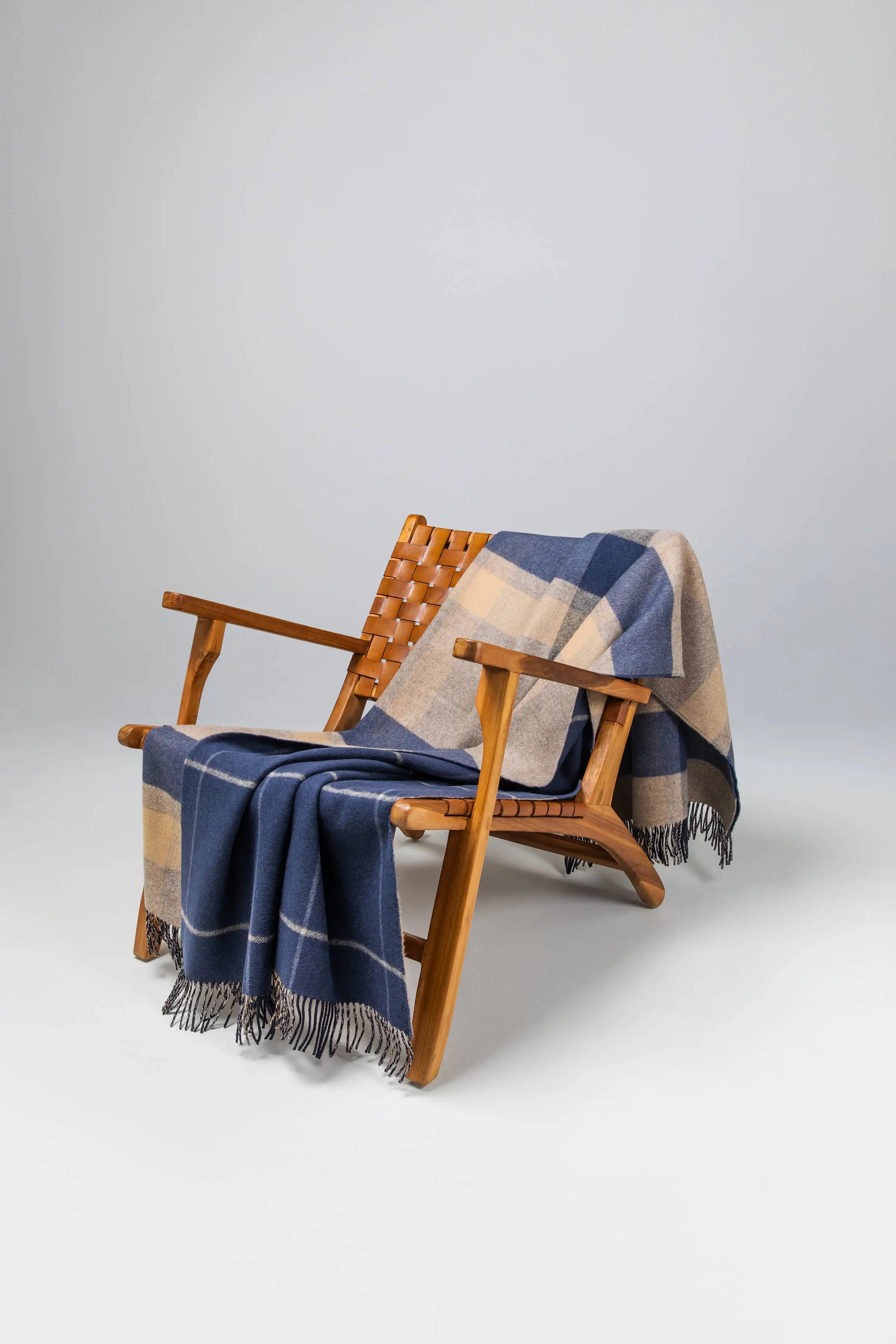 Johnstons of Elgin - Double Face Lambswool Throw in Brown & navy Overcheck