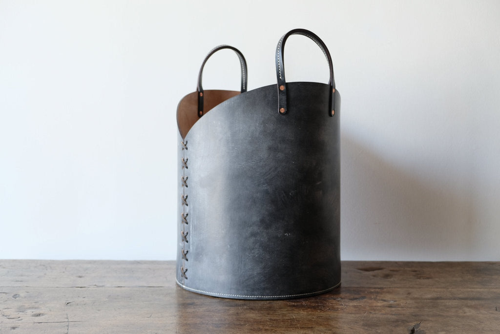 Nicky Kehoe - Leather Log Basket in Charcoal Black
