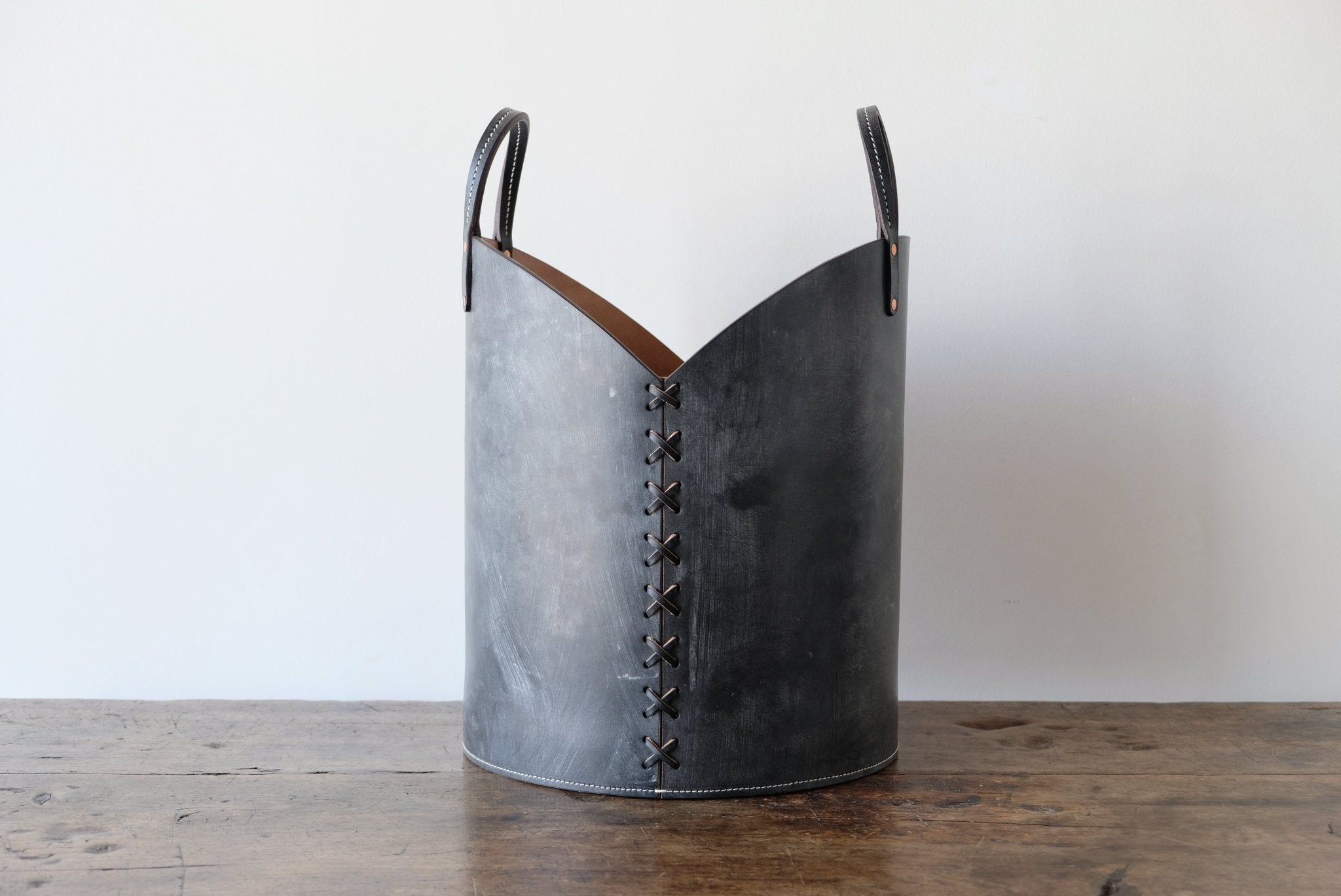 Nicky Kehoe - Leather Log Basket in Charcoal Black