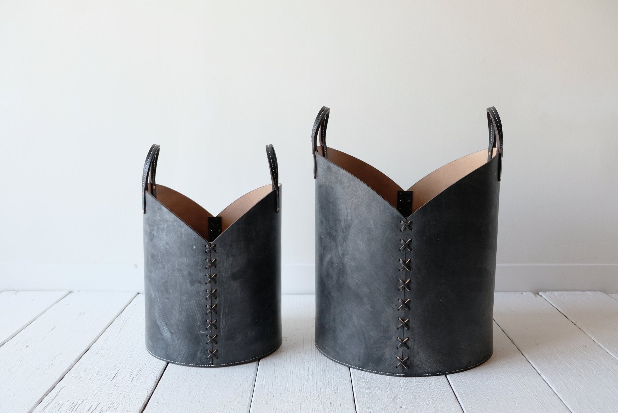Nicky Kehoe - Leather Log Basket in Charcoal Black