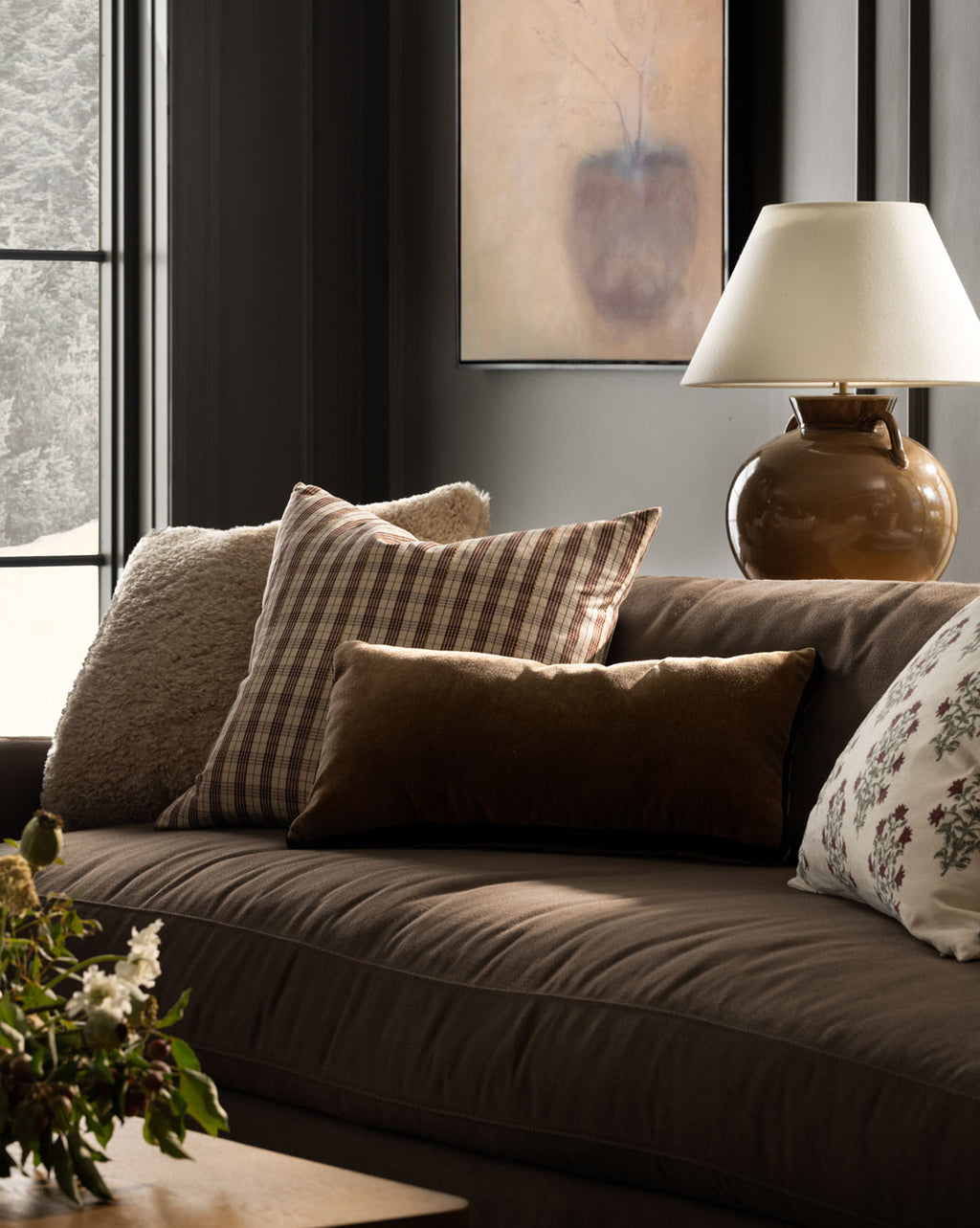 McGee & Co - Brown Mohair Pillow with Velvet Stripe